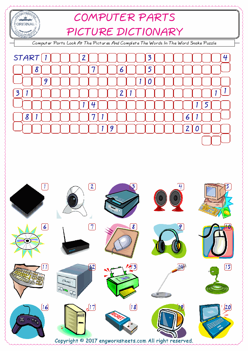  Check the Illustrations of Computer Parts english worksheets for kids, and Supply the Missing Words in the Word Snake Puzzle ESL play. 